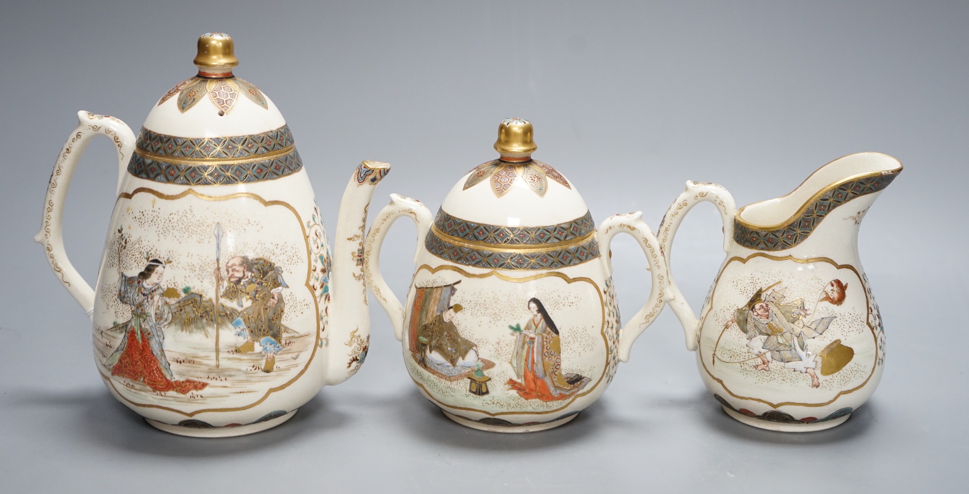 A three piece Japanese Satsuma pottery part tea set, Meiji period